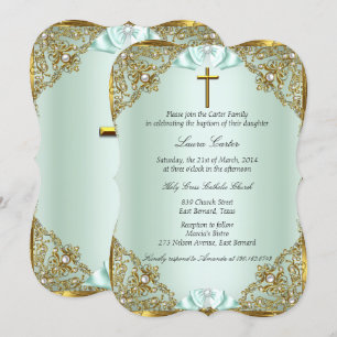 Invitation Mint Gold Pearl Damask Cross Baptism Christening