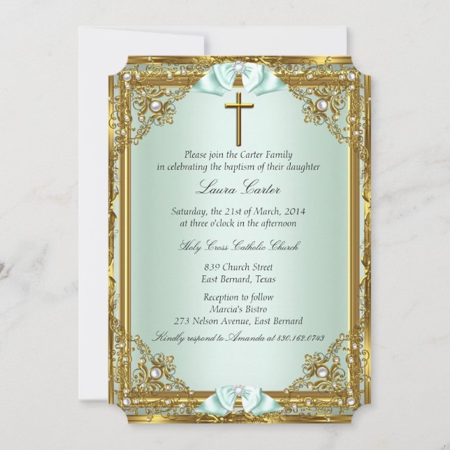 Invitation Mint Gold Pearl Damask Cross Baptism Christening 2 (Devant)