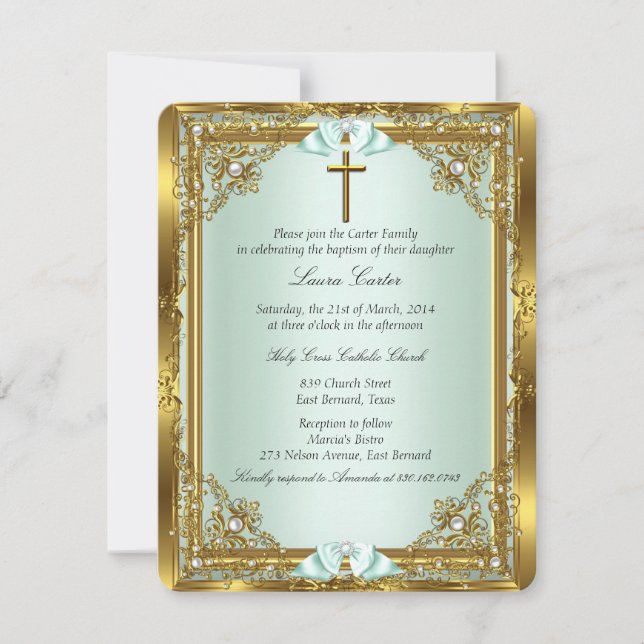 Invitation Mint Gold Pearl Damask Cross Baptism Christening 3 (Devant)
