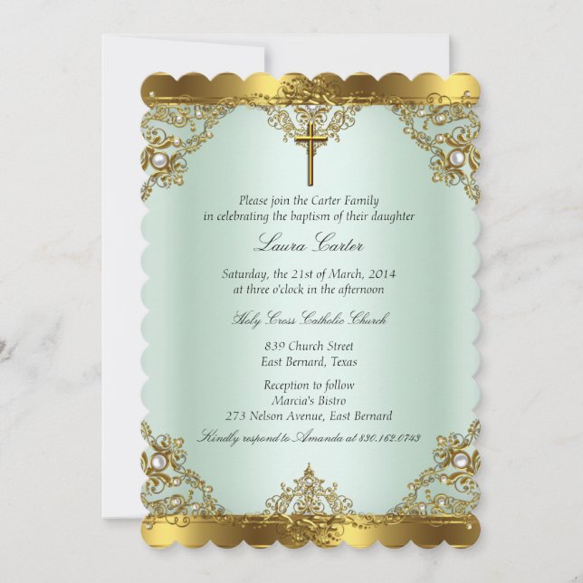 Invitation Mint Gold Pearl Damask Cross Baptism Christening 3 (Devant)