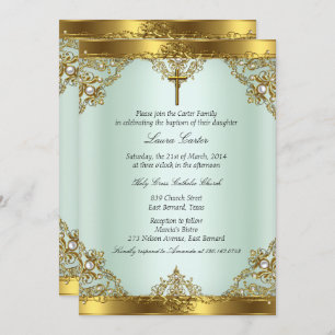Invitation Mint Gold Pearl Damask Cross Baptism Christening 3