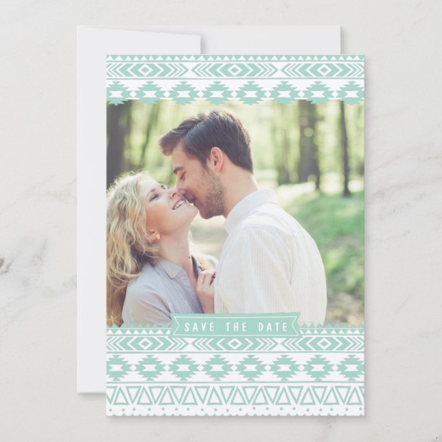 INVITATION MINT GREEN AZTEC PHOTO ENREGISTRER LA DATE ANNONCE (Devant)