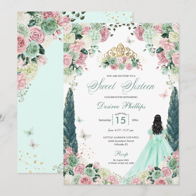 Invitation Mint Green & Blush Enchanted Garden Sweet sixteen (Devant / Derrière)