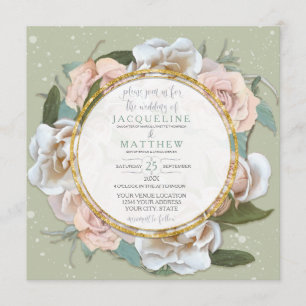 Invitation Mint Green Blush Rose Floral Gold Modern Wreath