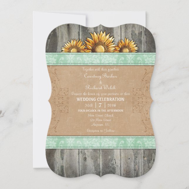 Invitation Mint Green Brown Rustic Tournesol Mariage Invitati (Devant)