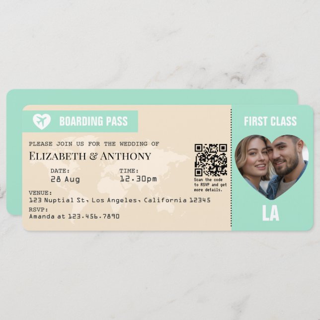 Invitation Mint Green & Champagne Boarding Pass Wedding (Devant / Derrière)