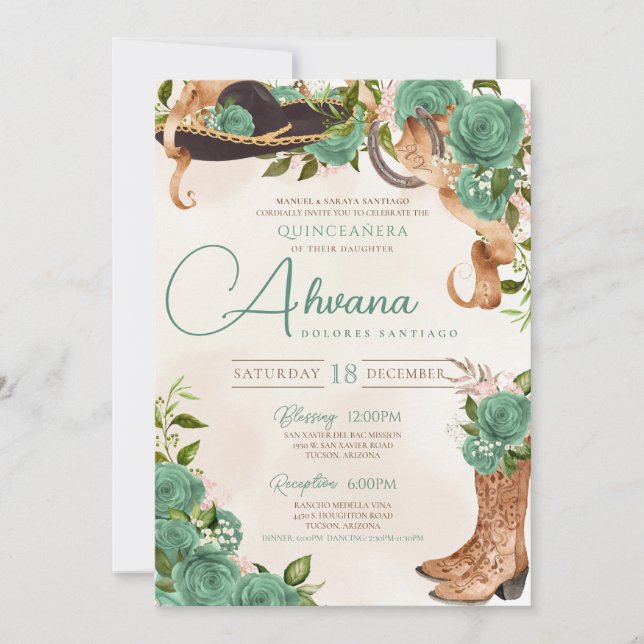 Invitation Mint Green Charra Quinceanera Western Sage Rose (Devant)