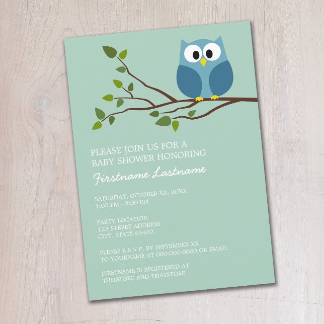 Invitation Mint Green Cute Owl sur Branche Baby Boy Douche (Cute Woodland Owl Baby Shower Invitation - Mint Green and Blue Owl)
