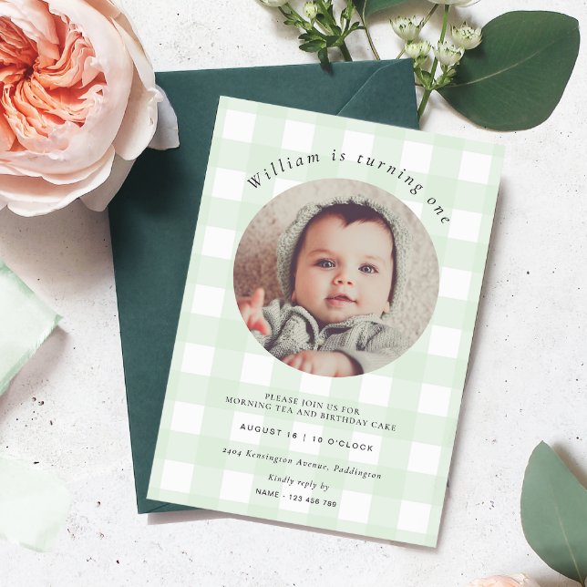 Invitation Mint Green En vichy photo Anniversaire (Birthday Photo Invitation Mint Green Gingham Check)