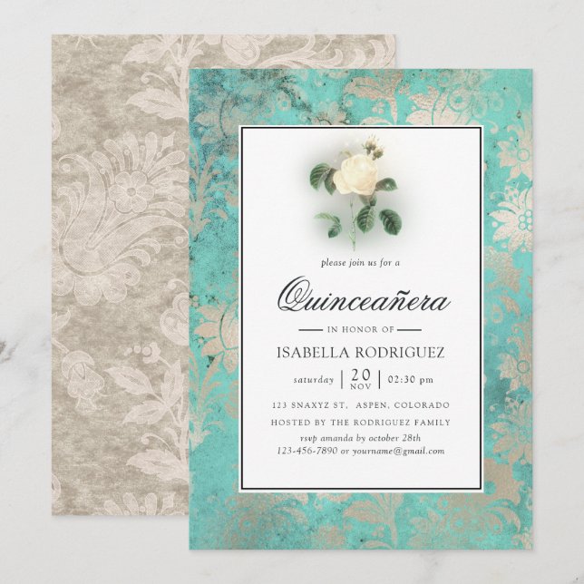 Invitation Mint Green et Pearl Floral Damask Quinceañera (Devant / Derrière)