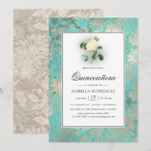 Invitation Mint Green et Pearl Floral Damask Quinceañera
