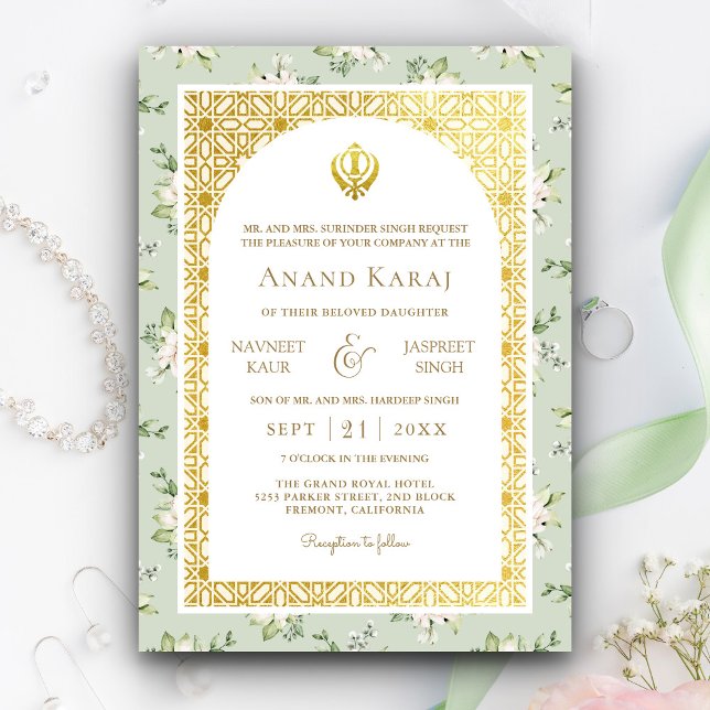 Invitation Mint Green Floral Anand Karaj Punjabi Sikh Mariage (Créateur téléchargé)