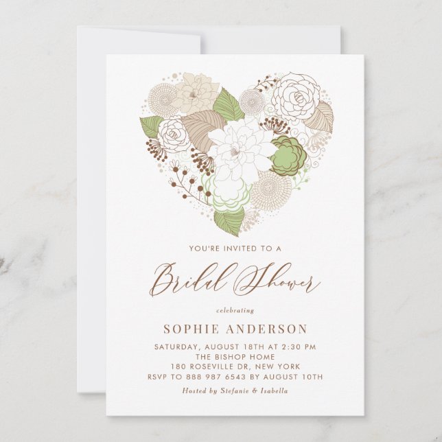 Invitation Mint Green Floral Heart Incitation nuptiale douche (Devant)