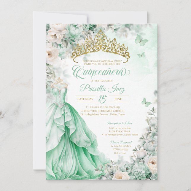 Invitation Mint Green Gold Butterfly Princess Quinceañera (Devant)