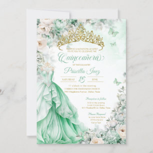 Invitation Mint Green Gold Butterfly Princess Quinceañera