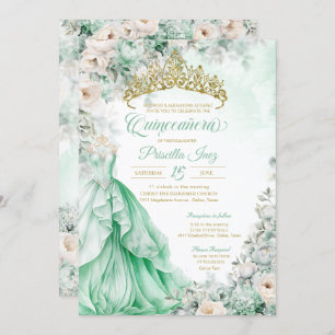 Invitation Mint Green Gold Élégante Princesse Quinceañera