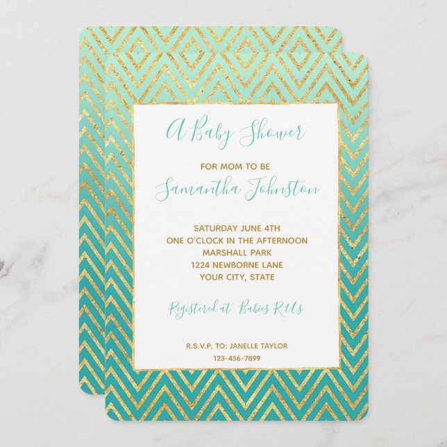 Invitation Mint Green Gold Glam Chevron Ombre (Devant / Derrière)