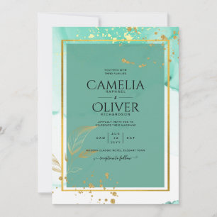 Invitation Mint Green Gold MARIAGE Encre d'alcool Abstraite