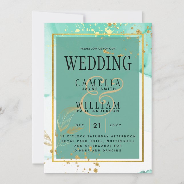 Invitation Mint Green Gold MARIAGE Encre d'alcool Abstraite (Devant)
