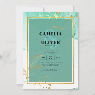 Invitation Mint Green Gold MARIAGE Encre d'alcool Abstraite