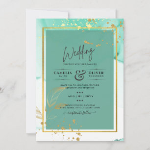 Invitation Mint Green Gold MARIAGE Encre d'alcool Abstraite