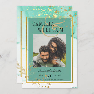 Invitation Mint Green Gold MARIAGE Encre d'alcool Abstraite