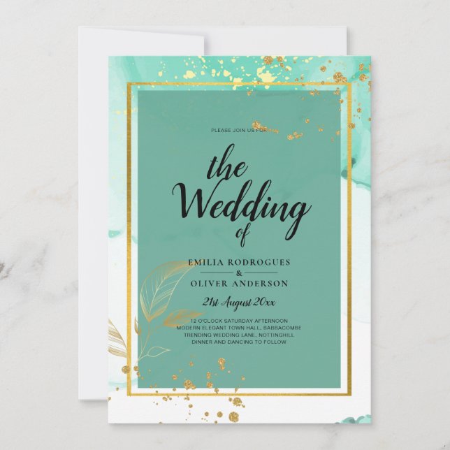 Invitation Mint Green Gold MARIAGE Encre d'alcool Abstraite (Devant)