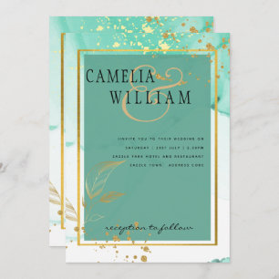 Invitation Mint Green Gold MARIAGE Encre d'alcool Abstraite