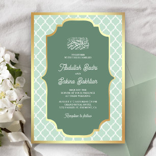 Invitation Mint Green Gold Quatrefoil Motif musulman Mariage