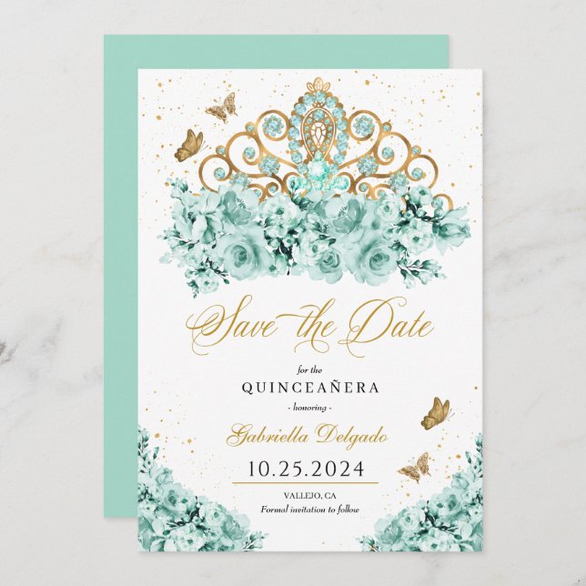 Invitation Mint Green & Gold Tiara Enregistrer La Date Quince (Devant / Derrière)