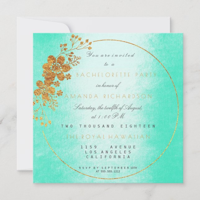 Invitation Mint Green Golden Floral Glam Bachelorette Party (Devant)