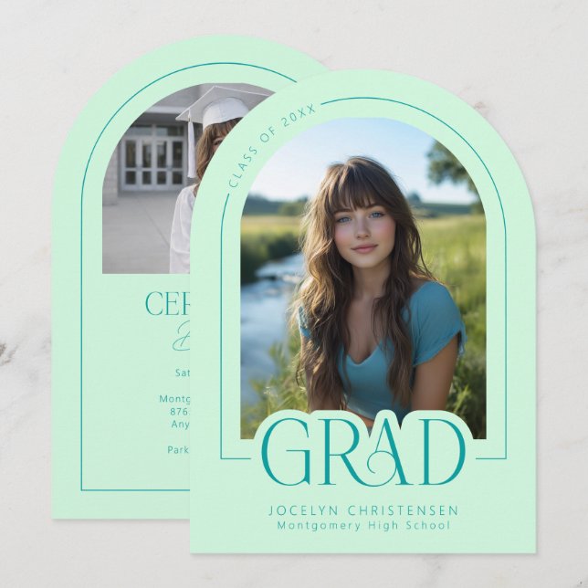 Invitation Mint Green Modern Minimal Grad Photo Announcement (Devant / Derrière)