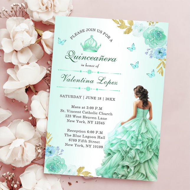 Invitation Mint Green Princess Robe Quinceañera Anniversaire (Créateur téléchargé)