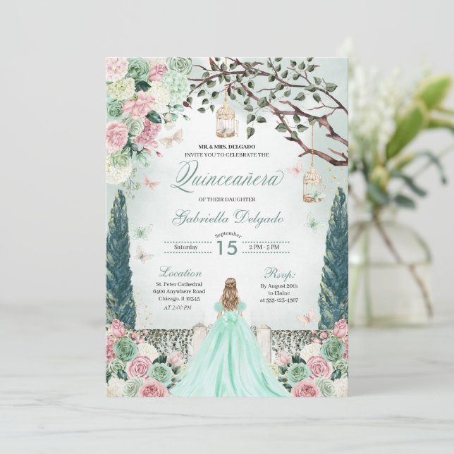 Invitation Mint Green Princesse enchantée Jardin Quinceanera (Debout devant)