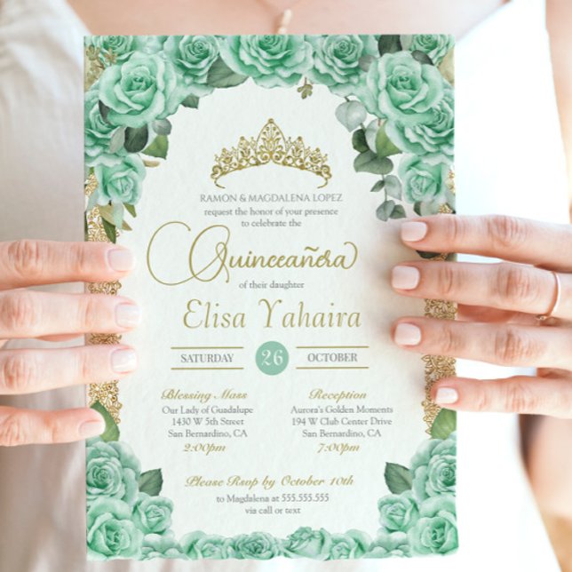 Invitation Mint Green Rose Floral Gold Elegant Quinceanera (Créateur téléchargé)