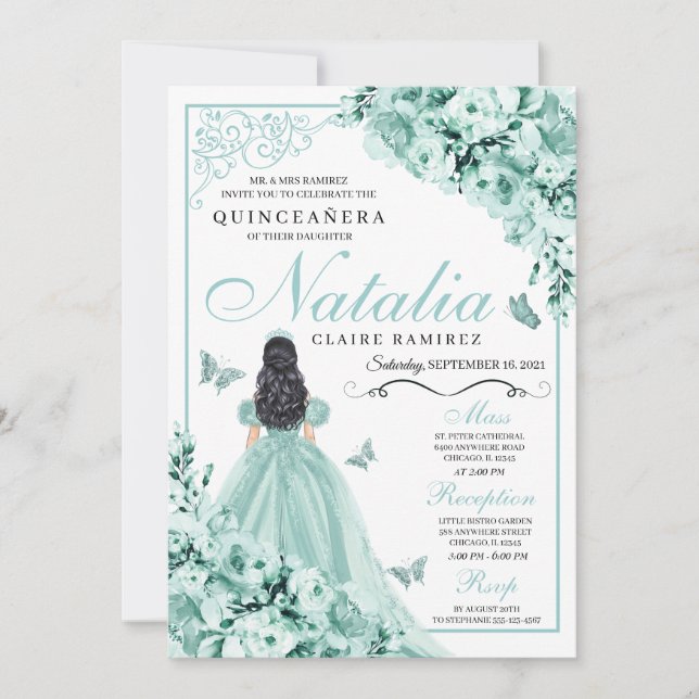 Invitation Mint Green Rose princesse robe Quinceanera (Devant)