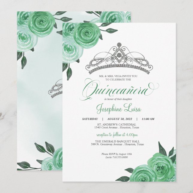 Invitation Mint Green Roses Argent Tiara Quinceañera Annivers (Devant / Derrière)