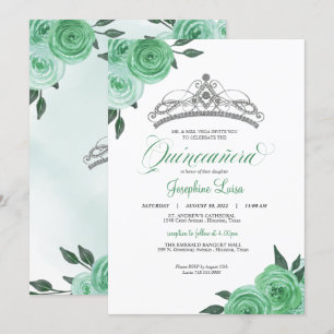 Invitation Mint Green Roses Argent Tiara Quinceañera Annivers