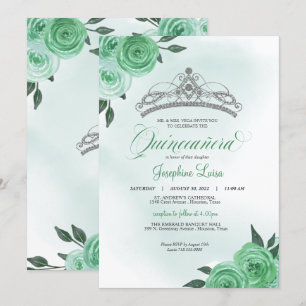 Invitation Mint Green Roses Argent Tiara Quinceañera Annivers