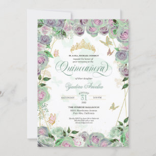 Invitation  Mint Green Roses Élégant papillon Quinceanera