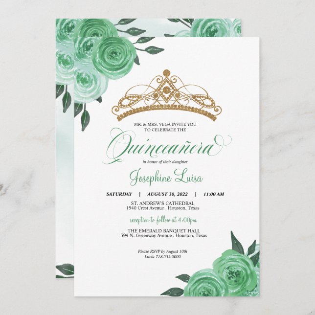 Invitation Mint Green Roses Golden Tiara Quinceañera Annivers (Devant / Derrière)