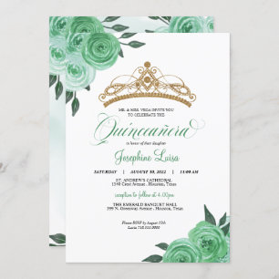 Invitation Mint Green Roses Golden Tiara Quinceañera Annivers