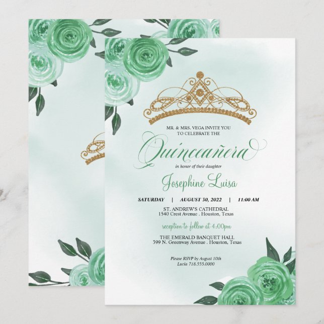 Invitation Mint Green Roses Golden Tiara Quinceañera Annivers (Devant / Derrière)