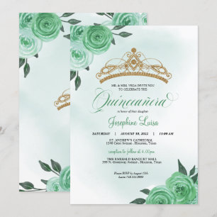 Invitation Mint Green Roses Golden Tiara Quinceañera Annivers