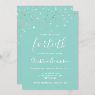 Invitation Mint Green Silver Confetti 40e anniversaire fête