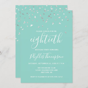 Invitation Mint Green Silver Confetti 80e fête d'anniversaire