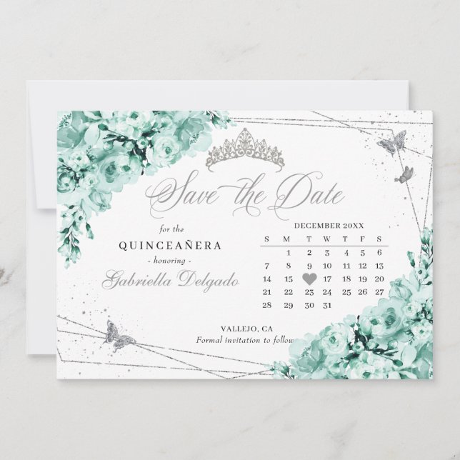 Invitation Mint Green & Silver Quinceañera Enregistrer La Dat (Devant)