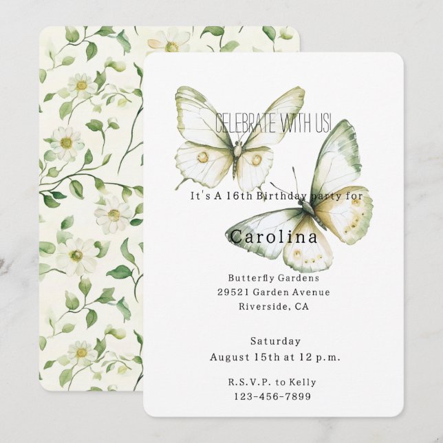 Invitation Mint Green White Butterflies Birthday (Devant / Derrière)