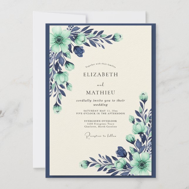 Invitation Mint Navy Tranquil Botanical Wedding (Devant)