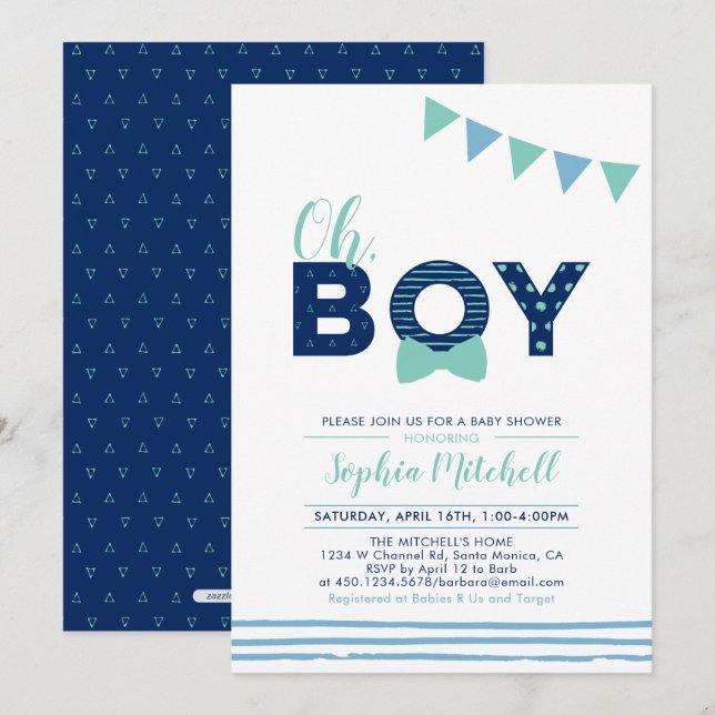 Invitation Mint & Navy | Typographie Moderne pour Fête Prénat (Devant / Derrière)